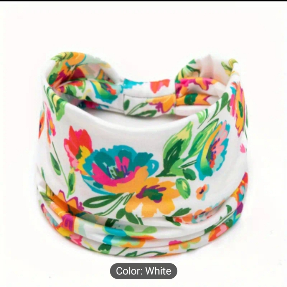 Tie Dye Flower Print Knotted Headband Wide Sports Fitness Yoga Headband, White